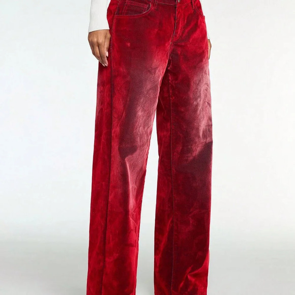 Red Casual Women's Fleeced Thick Loose High Waist Wide Leg Jeans - Picture 6 of 6